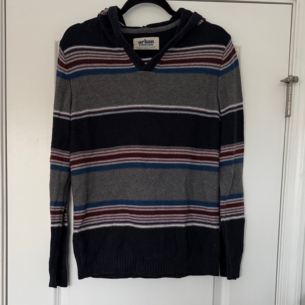 Urban Pipeline Striped, Hooded V-Neck Sweater - Gray, Blue, and Red